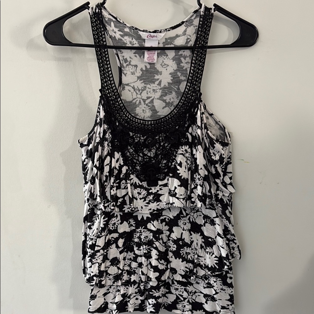Candie's Black and White Ruffled Embellished Tank Top